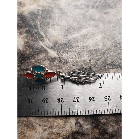 Silver-tone and Turquoise/Red Diamond Star w/Feathers Earrings - 2" inches - Picture 3 of 4